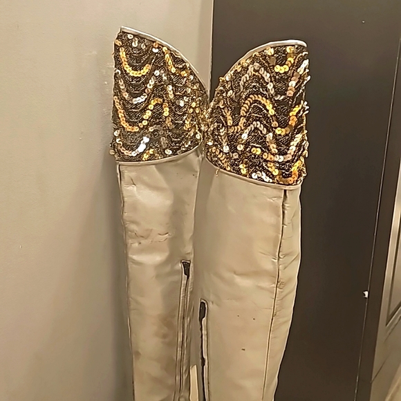 Vintage Over-The-Knee Genuine Leather Boots, Sz 8M Silver w/Top Black/Gold/Silve